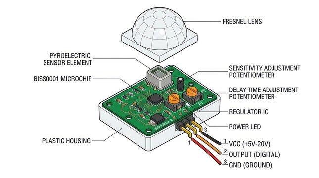 Exploded view of passive infrared pir motion sensor module with component labels on white.