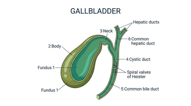Detailed anatomy of the gallbladder and associated ducts including common bile duct.
