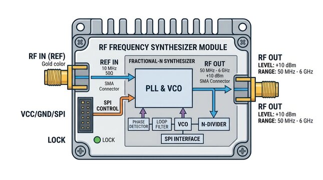 Diagram of rf frequency synthesizer module showing fractional n architecture with arrows.