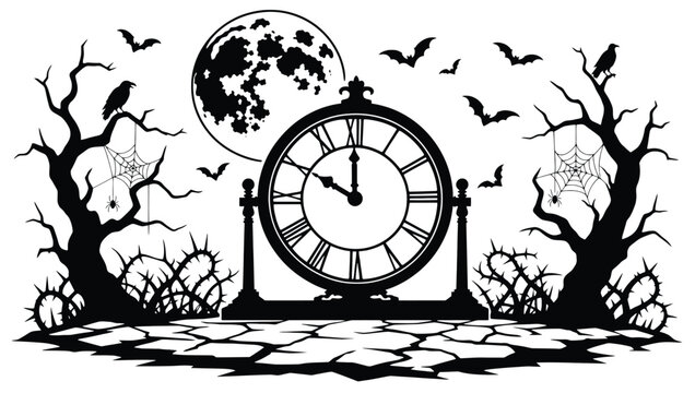 Halloween clock with moon, bats, trees, and spider webs silhouette