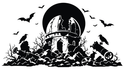 Ruined observatory building with broken dome, ravens, bats, and telescope parts in a spooky night scene, vector illustration © Hikari Vector Studio