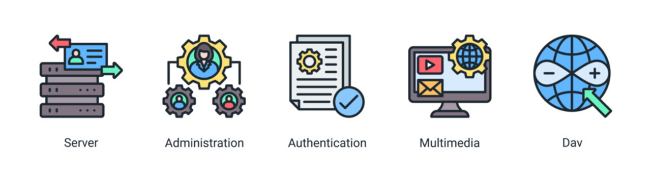 Media Hosting icon set vector illustration featuring multimedia servers,user authentication,and digital hosting concepts.
