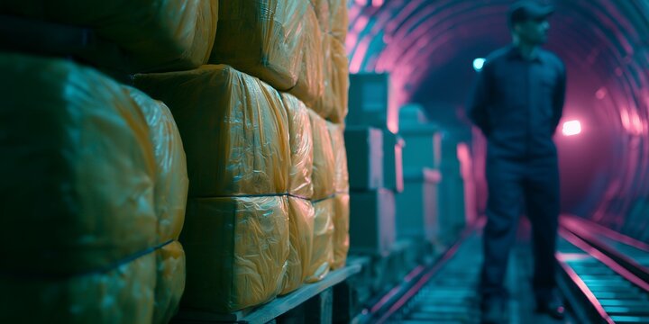 Stacked cargo wrapped in yellow plastic on pallets inside a dark railway tunnel with a blurred worker, concept for illegal smuggling, underground logistics and transit security