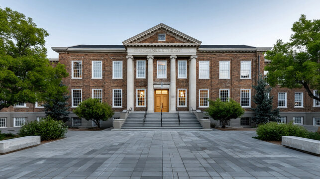 Classic school building with symmetrical design brick facade and entrance steps illustrating traditional educational architecture and organized campus environment concept