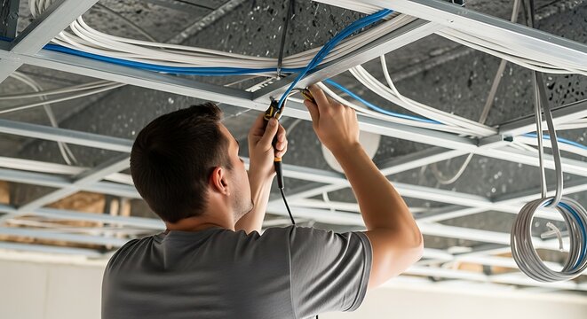 A worker installs cables on a metal ceiling frame using a tool, focusing on wiring