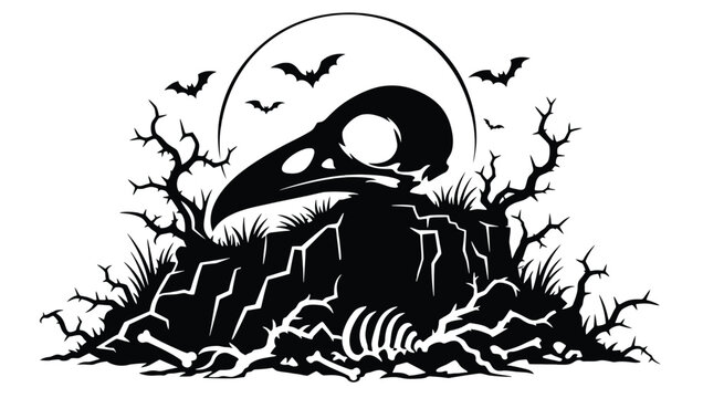 Halloween illustration with a bird skull on a rock, bats flying in front of a full moon, thorny branches, and scattered bones, vector graphic design element