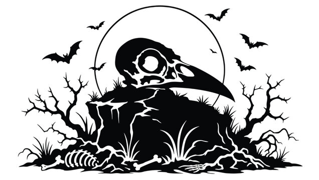 Halloween vector illustration with a bird skull on a rock, bats flying in front of a full moon, and bare spooky trees, perfect for gothic, horror, or dark fantasy themed designs