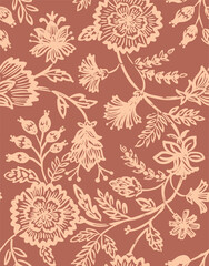 Fototapeta premium Seamless terracotta block print floral pattern. Traditional trailing vine and botanical line art on earthy rust background. Vintage bohemian textile design.