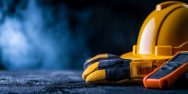 Yellow safety helmet with protective leather gloves and measuring tool on dark textured surface, concept for industrial safety, construction site and occupational health protection