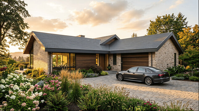 Modern One-Story Suburban Residence with Grey Sedan and Stone Driveway