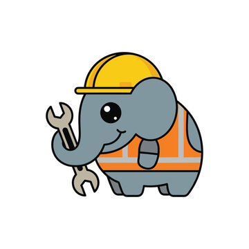 Cute cartoon elephant worker wearing hard hat and holding a wrench.