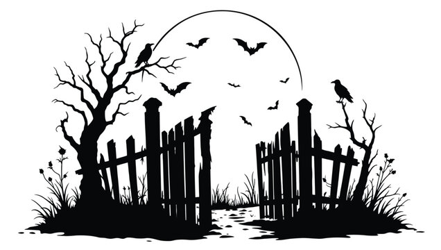 Spooky halloween graveyard entrance silhouette with broken wooden fence, dead trees, flying bats, and crows against a full moon