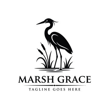 Heron bird standing in reeds for water wetland wildlife nature logo design