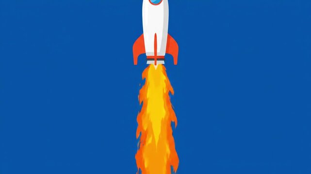 Cartoon Rocket Launching into Blue Sky with Fiery Exhaust.
