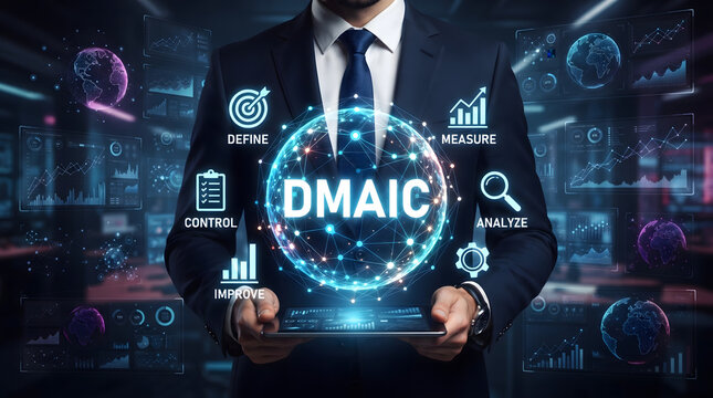 Businessman Holding Smartphone with DMAIC Process Icons on Dark Background with Glowing Lights