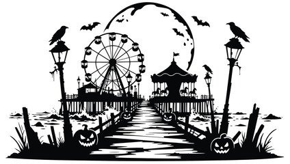 Halloween carnival on a pier with ferris wheel and carousel under a full moon with jackolanterns and ravens © Hikari Vector Studio