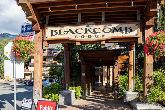 View of entrance Blackcomb Lodge hotel in Whistler Village