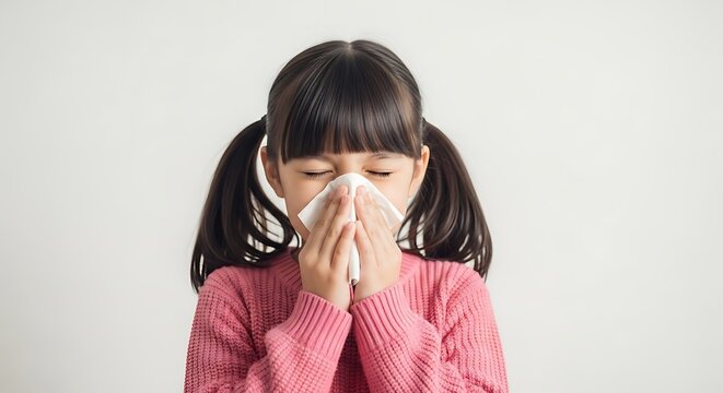 A young girl with pigtails sneezes into a tissue, wearing a pink sweater