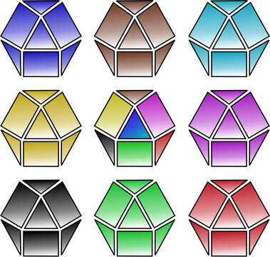 Geometric polyhedron shapes set with colorful 3D crystal facets and polyhedral dice elements vector illustration