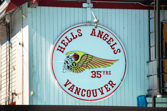 View of sign Hells Angels Club Building in Vancouver
