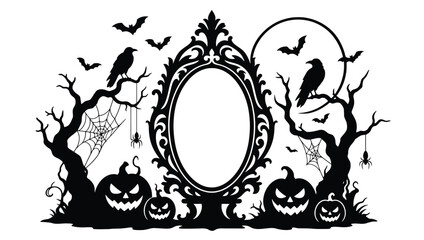 Halloween frame with spooky trees, pumpkins, bats, crows, and spider webs gothic vintage mirror border silhouette for holiday party decoration, greeting card, or invitation design © Hikari Vector Studio