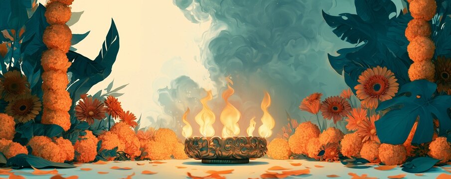 Sacred ritual fire in ornate bronze bowl surrounded by orange marigold flowers and teal leaves, concept for hindu festival banner, religious celebration and spiritual card