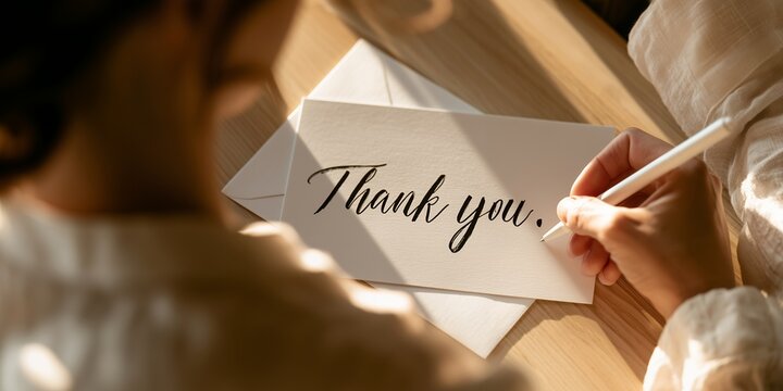 Woman hand writing thank you calligraphy on elegant white card with envelope on wooden table under warm sunlight, concept for gratitude expression, appreciation message and customer relations