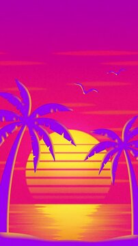 Retro Synthwave Background Animation with Tropical Beach Sunset and Palm Trees