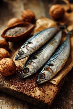 Closeup of sardines, mackerel, and flax seeds on a wooden surface with walnuts and spices in natural light setting