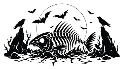 Obraz premium Halloween illustration with a fish skeleton, bats, and ravens, spooky night scene with a full moon, gothic vector art for holiday decor