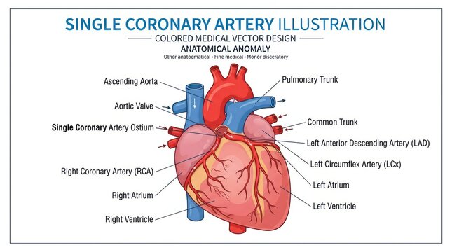 Single coronary artery illustration colored medical vector design for anatomical anomalies.