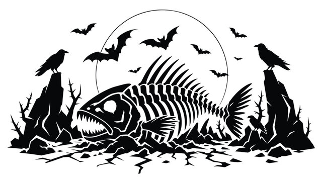 Halloween illustration with a fish skeleton, bats, and ravens, spooky night scene with a full moon, gothic vector art for holiday decor