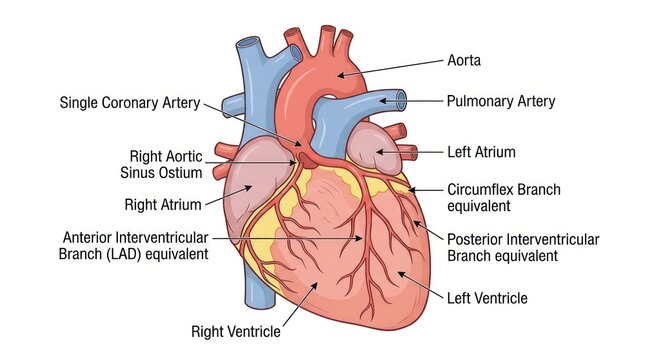 Anatomical heart diagram highlighting single coronary artery with labels for medical study.