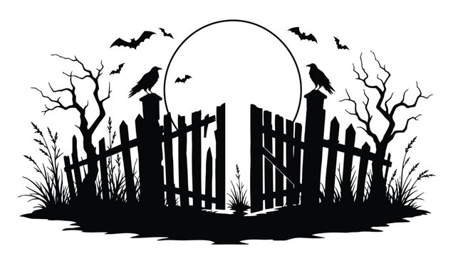 Halloween silhouette with a spooky gate, bare trees, ravens, bats, and a full moon vector illustration of a haunted cemetery entrance for holiday decoration, party invitations, and spooky designs