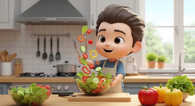 Young boy in chef hat preparing fresh vegetables.