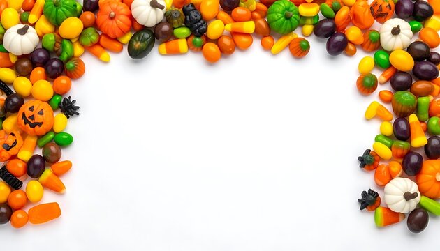 Top border of colorful Halloween candy, pumpkins, candy corn, grapes, and spooky decorations on a white background