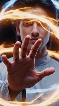 Male model manipulating glowing energy ring, closeup portrait with intense gaze and outstretched hand forming swirling orange and blue light, cinematic studio lighting, magical visual