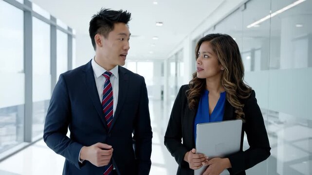 Two Asian business professionals walking and discussing in a modern office hallway