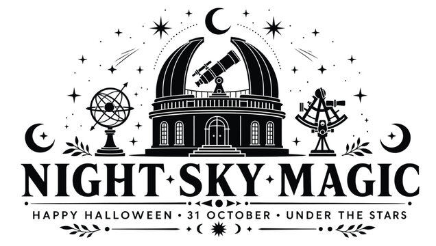 Night sky magic halloween vector illustration with observatory, telescope, armillary sphere, sextant, stars and moon