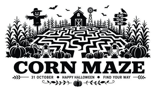 Corn maze illustration with scarecrow, barn, pumpkins, and spooky elements for halloween