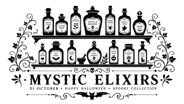 Mystic elixirs halloween potion bottles collection, vintage apothecary jars with magical ingredients, spooky labels, decorative shelves, gothic style vector illustration