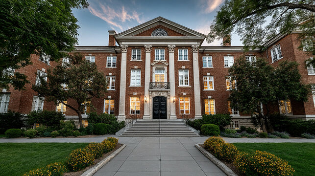 Classic school building with symmetrical design brick facade and entrance steps illustrating traditional educational architecture and organized campus environment concept