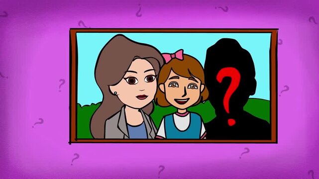 Picture Frame Showing Mother and Daughter with a Dark Anonymous Silhouette and Question Mark, Missing Father Concept, 2D Animation