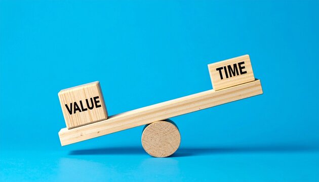 Wooden seesaw balancing value and time blocks