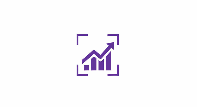 Purple business growth chart icon showing upward trend arrow inside focus frame on white background.