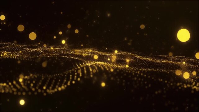 Luxury Golden Particle Wave Abstract Background with Glowing Bokeh Loop
