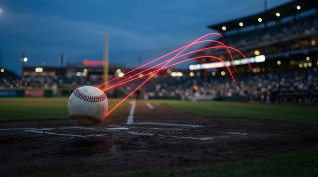 Baseball moving with red light motion trail over home plate at night