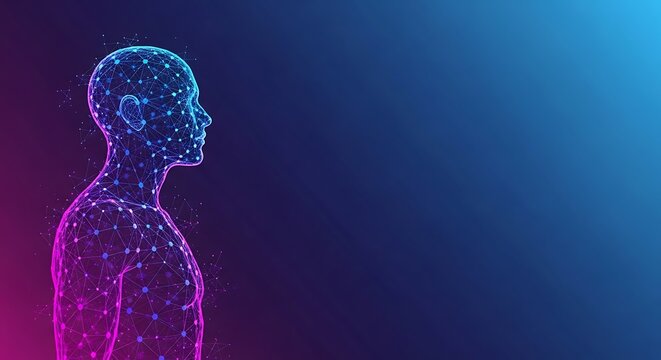Abstract depiction of a human body formed by connected dots, radiating energy