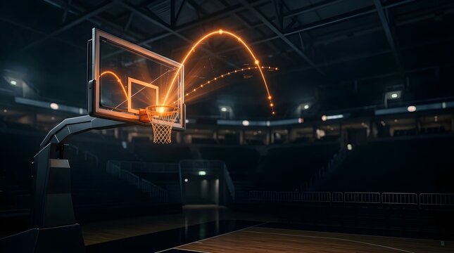 Digital glowing basketball trajectory arc over professional arena hoop