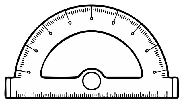 Black and white hand drawn protractor illustration, geometry and measuring concept.